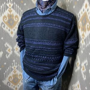 Polo Ralph Lauren Indigo & Black Linen Blend Knit FairIsle Pullover Sweater